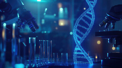 A close-up of the lens and macro view of DNA in an animated style, with laboratory equipment such as microscopes and test tubes visible in the background. The background is dark blue with soft lightin
