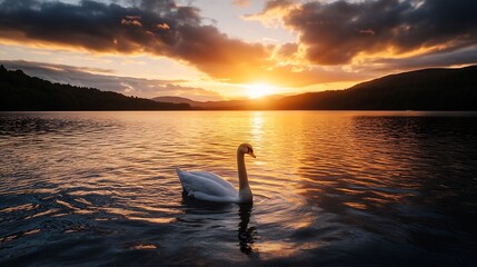 Serene Swans Swimming in Tranquil Waters at Sunset with Beautiful Reflection : Generative AI
