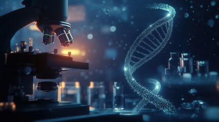 A close-up of the lens and macro view of DNA in an animated style, with laboratory equipment such as microscopes and test tubes visible in the background. The background is dark blue with soft lightin