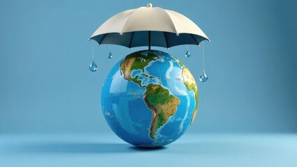 Fototapeta premium 3D illustration of Earth with an umbrella protecting it from falling raindrops, symbolizing World Meteorological Day. Climate awareness, weather science, and environmental protection