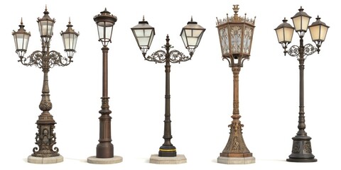 Vintage Street Lamp Collection: Set of Five Retro Lamp-Posts and Lanterns Isolated on White Background for Architectural Photography and Design Inspiration