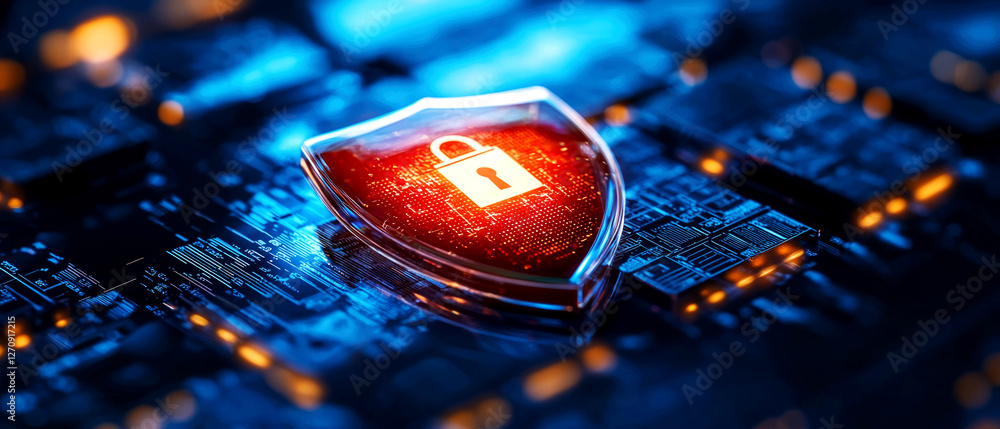 Poster cybersecurity shield protecting digital assets virtual environment image analysis technology concept