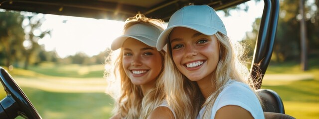 A couple of beautiful young girls have fun in one day at a golf club. Blonde women look at the camera happily while riding in a golf cart. Concept of 2 beautiful women playing golf