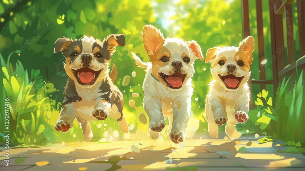 Poster three playful puppies joyfully running down a sunlit path in a lush green setting.
