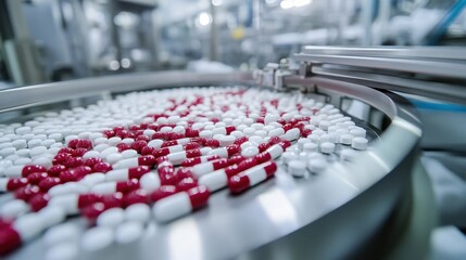 A modern cleanroom factory with capsule production lines efficiently processing red and white pills.