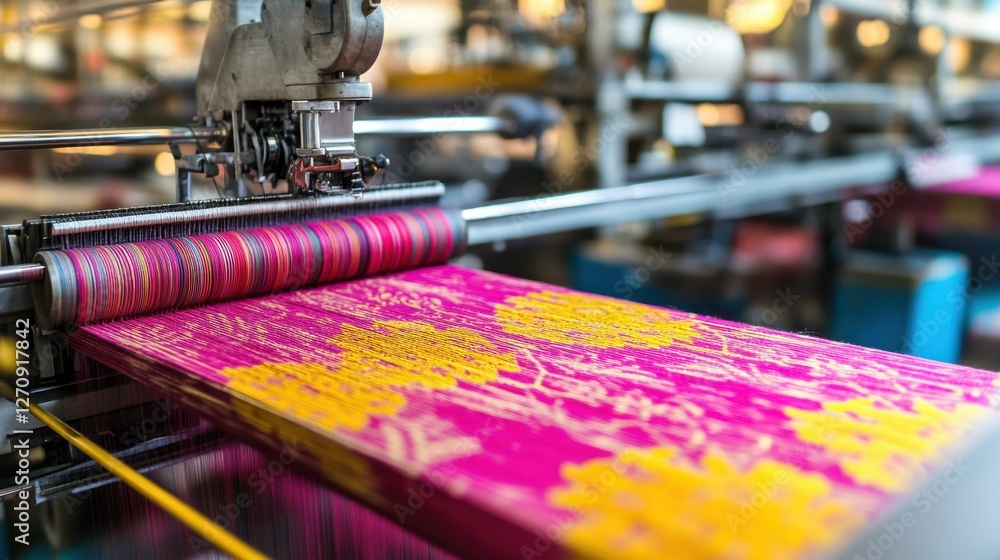 Poster a modern textile plant with weaving machines working in unison to produce colorful patterns.