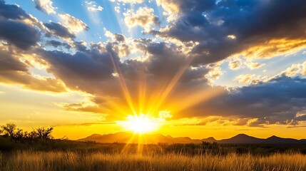 Breathtaking sunset landscape view with rays of light shining through clouds over mountain ranges : Generative AI