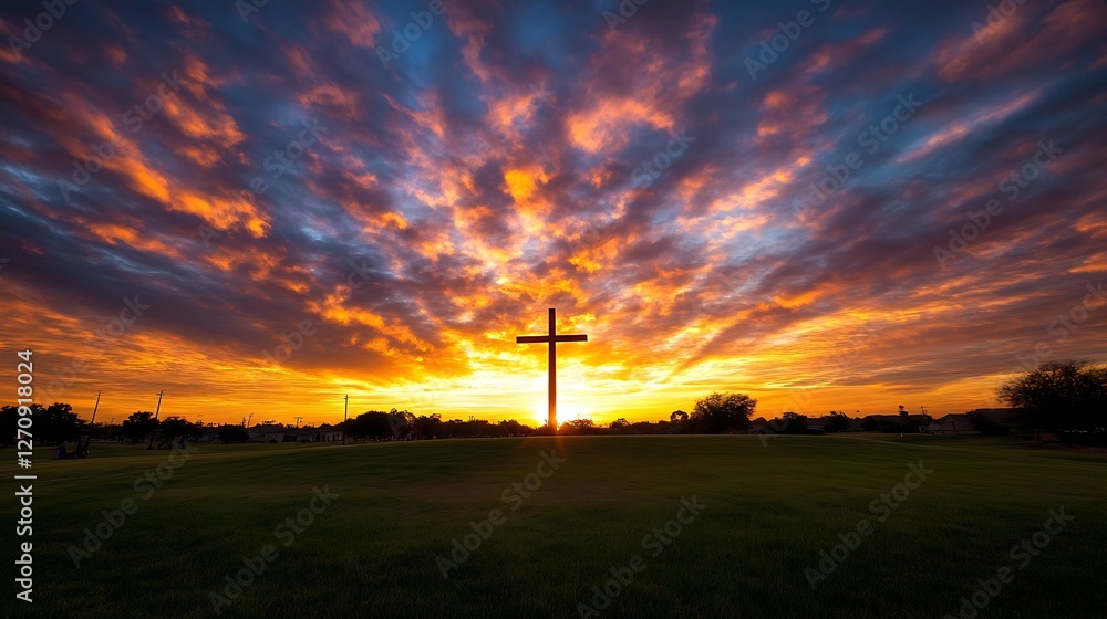 Poster inspiring silhouette of a cross against a vibrant sunset backdrop creating a spiritual atmosphere : 