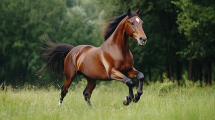 Majestic brown horse gallops freely through lush green field surrounded by trees on a sunny day