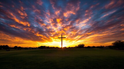 Obraz premium Inspiring silhouette of a cross against a vibrant sunset backdrop creating a spiritual atmosphere : Generative AI