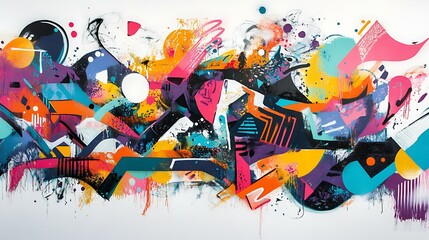 Abstract graffiti art mural on a clean white background, bright and energetic colors