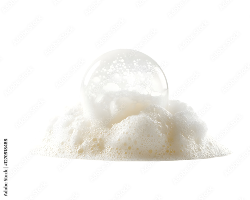 Poster close-up of a translucent sphere resting on a mound of white foam against a transparent background