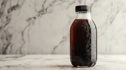 Cold brew coffee bottle with condensation, standing on a marble countertop, high-resolution detail