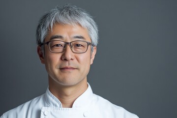 Fototapeta premium Middle-aged Japanese male chef with glasses and short gray hair, wearing white, against a dark background.