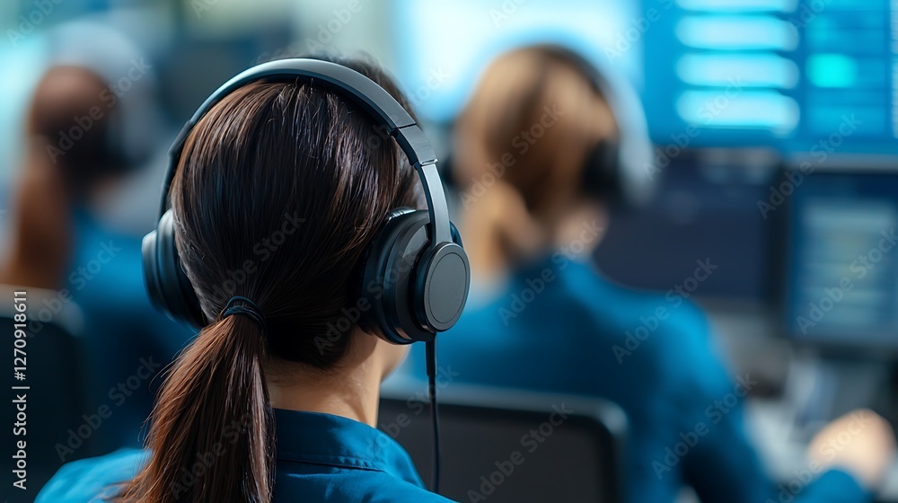 Poster a person wearing headphones is focused on work at a computer in a modern office environment, with mu