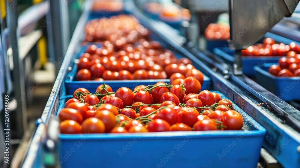 Poster a produce handling system with vibrant red tomatoes being processed for market distribution.