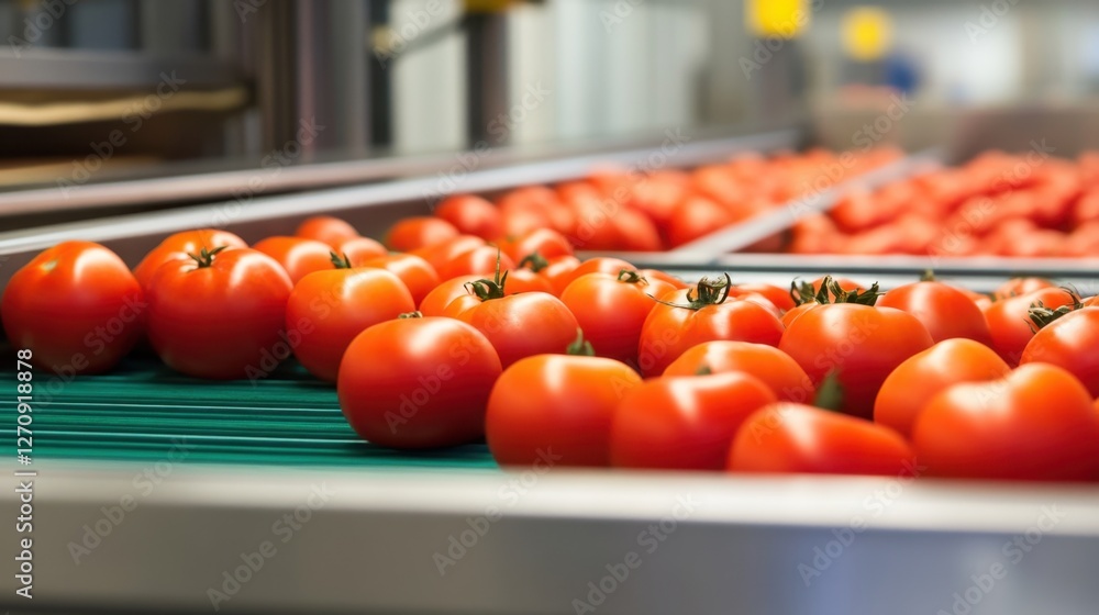 Poster a produce handling system with vibrant red tomatoes being processed for market distribution.