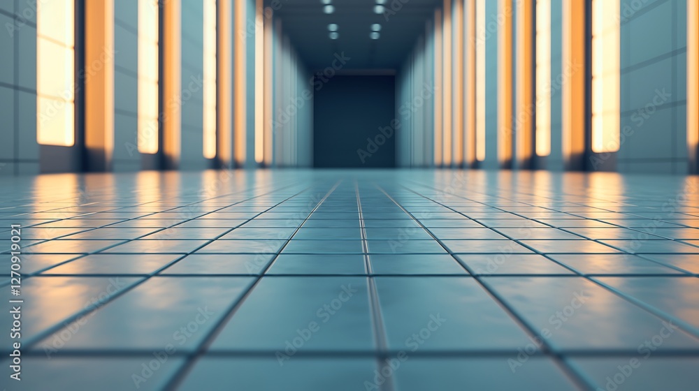 Poster a modern corridor with polished tiles, illuminated by warm lights, creating a spacious and inviting 