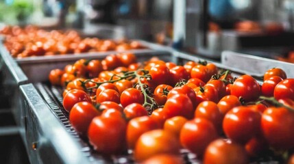 A produce plant with freshly harvested tomatoes being sorted into categories for distribution.