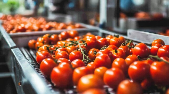A produce plant with freshly harvested tomatoes being sorted into categories for distribution.