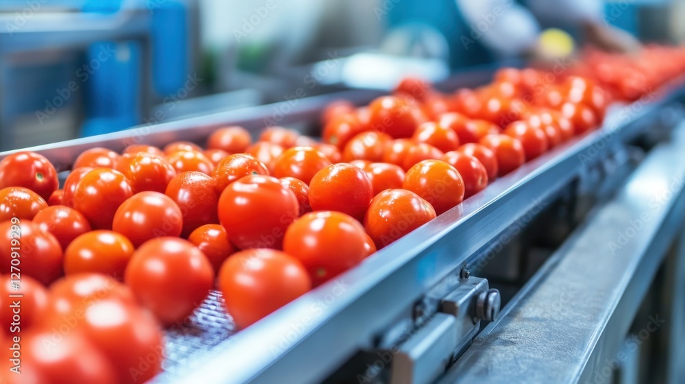 Aufkleber a produce processing facility with ripe tomatoes moving along an automated sorting system.