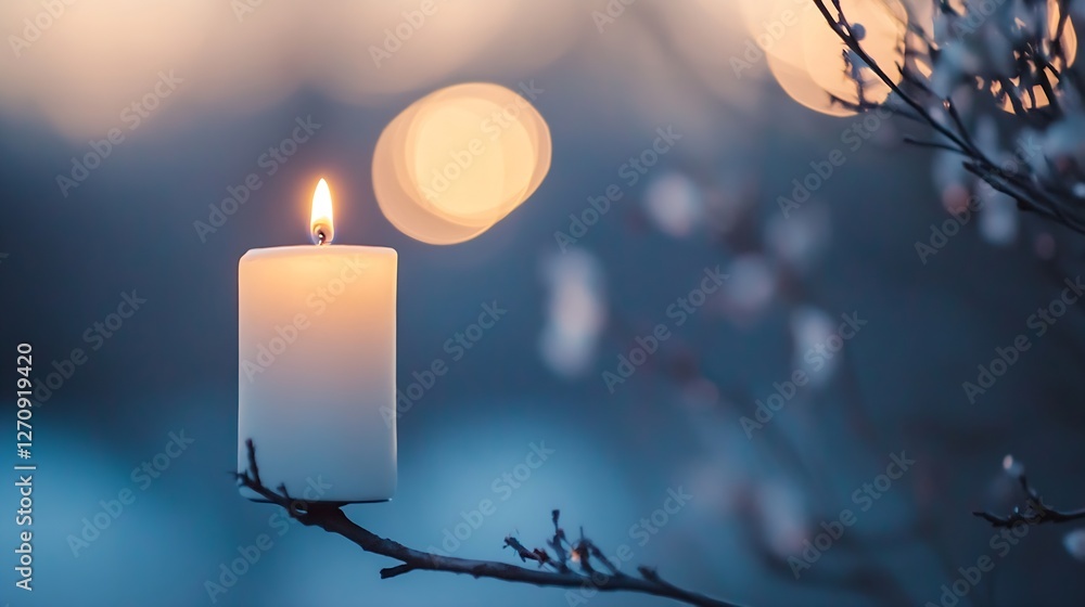Aufkleber A glowing candle perched on a branch creating a warm inviting ambiance in a dim setting : Generative AI