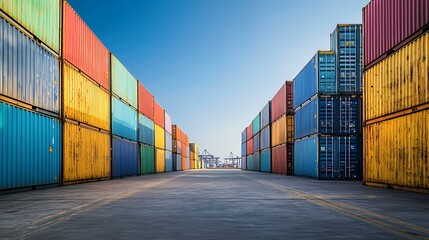 Row of large cargo containers in an industrial port, clean and organized setting
