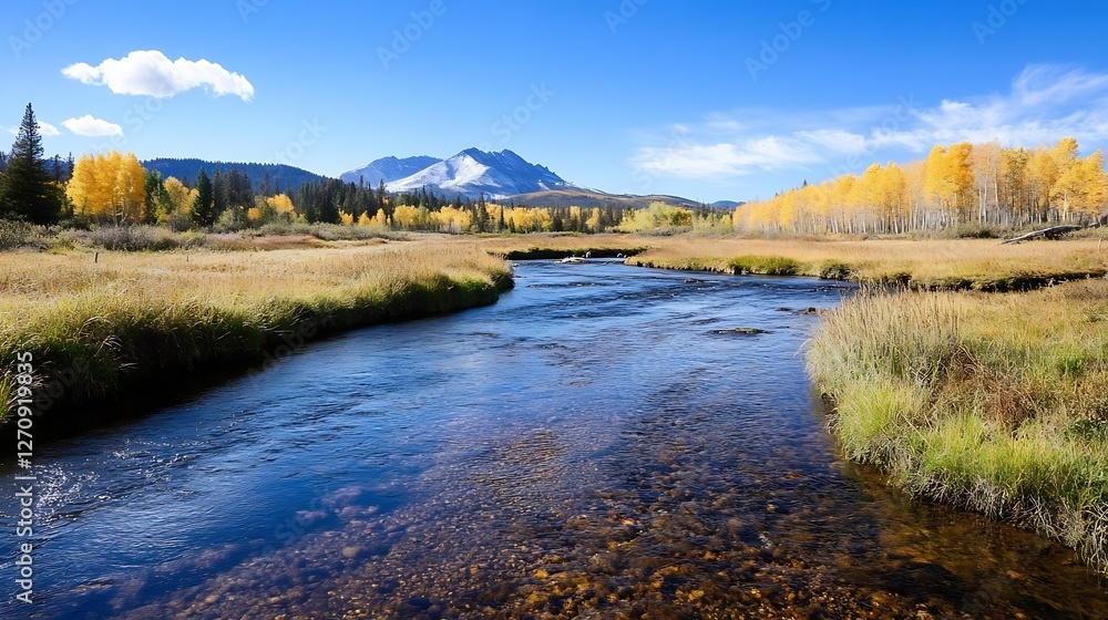 Poster Beautiful autumn landscape with a river flowing through colorful trees and mountains in the background : Generative AI