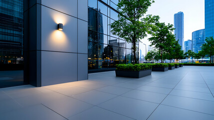 Modern Exterior Building Facade at Dusk in City Plaza