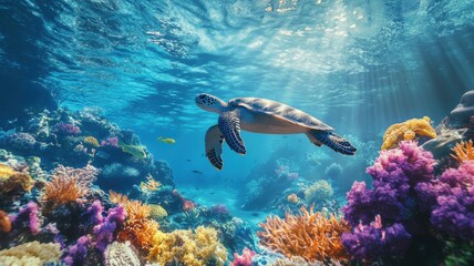 Colorful coral reef teeming with marine life and a sea turtle swimming through crystal clear water