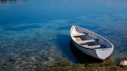Naklejka premium Lonely White Rowboat Moored Peacefully on Clear Blue Water Under Bright Sky : Generative AI