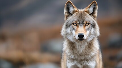 Naklejka premium A closeup portrait of a majestic wolf displaying its piercing gaze in a natural environment : Generative AI