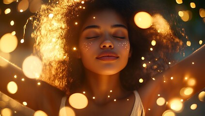 Serene young woman with curly hair, eyes closed, bathed in warm golden light, evokes peace and tranquility