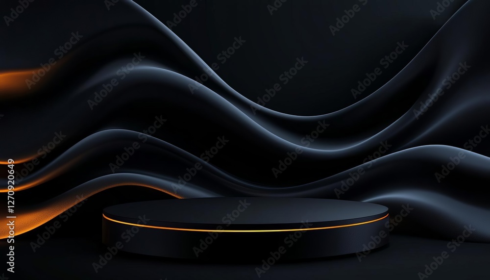 Aufkleber a sleek black backdrop with elegant waves and a circular platform for display purposes.