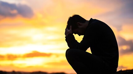 Silhouette of a man in deep thought against a vibrant sunset sky showing emotional depth : Generative AI