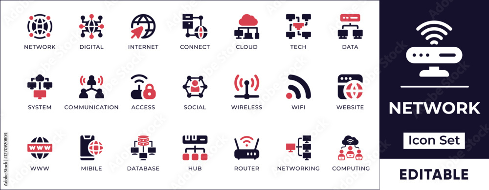 Poster flat network icon set featuring digital connectivity, data transfer, internet communication, cloud c