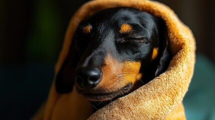 Dachshund enjoys a serene moment with a towel on its face, embodying relaxation and calm.
