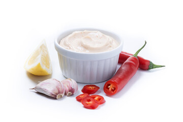 Chipotle sauce and spices isolated on white background.