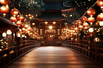 A wooden bridge leads to a beautifully illuminated Chinese temple at night, adorned with glowing lanterns creating a magical festive atmosphere