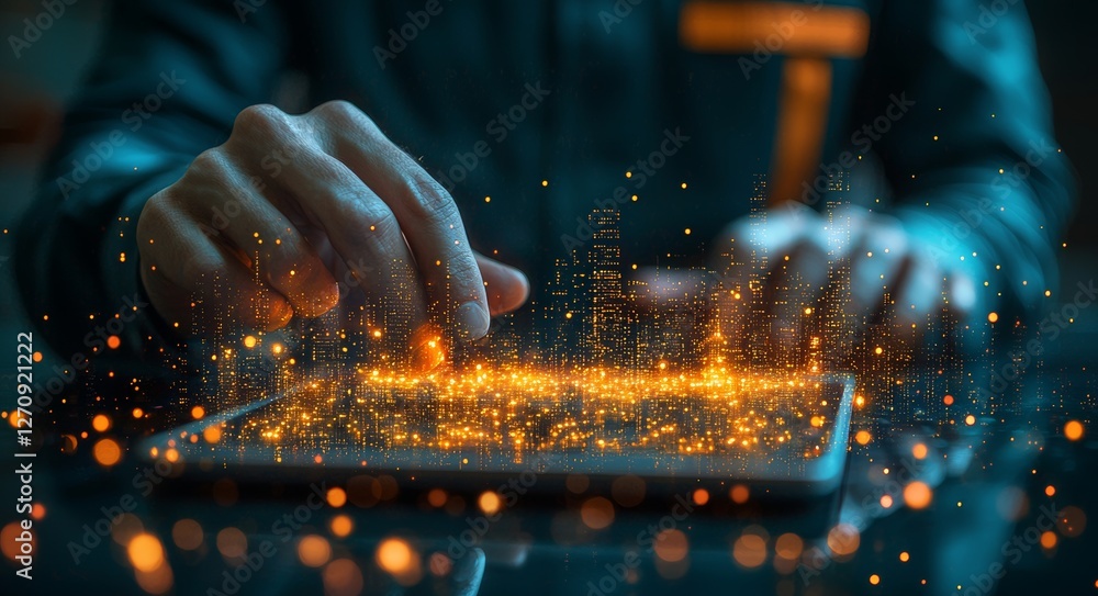 Aufkleber an industrial engineer manages and operates robotic arms in a factory via tablet for network-enabled