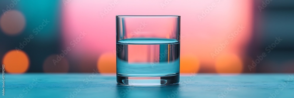 Poster a clear glass filled with water sits on a surface, illuminated by colorful bokeh lights in the backg