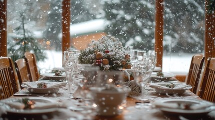 A festively set wooden table in a holiday dinner setting with wine glasses, candles, and seasonal decorations on a snowy evening.