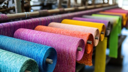 A textile factory interior with industrial weaving machines creating soft, colorful textiles.