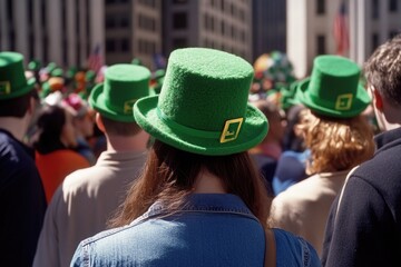 People wearing green hats and attending a St. Patrick's Day parade.