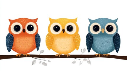 Fototapeta premium Three owls with large expressive eyes perched on a branch. International Owl Awareness Day, Festival of Owls Week