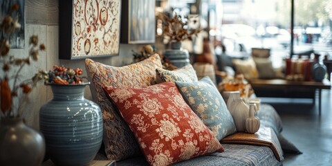 Colorful accent pillows arranged in a store.