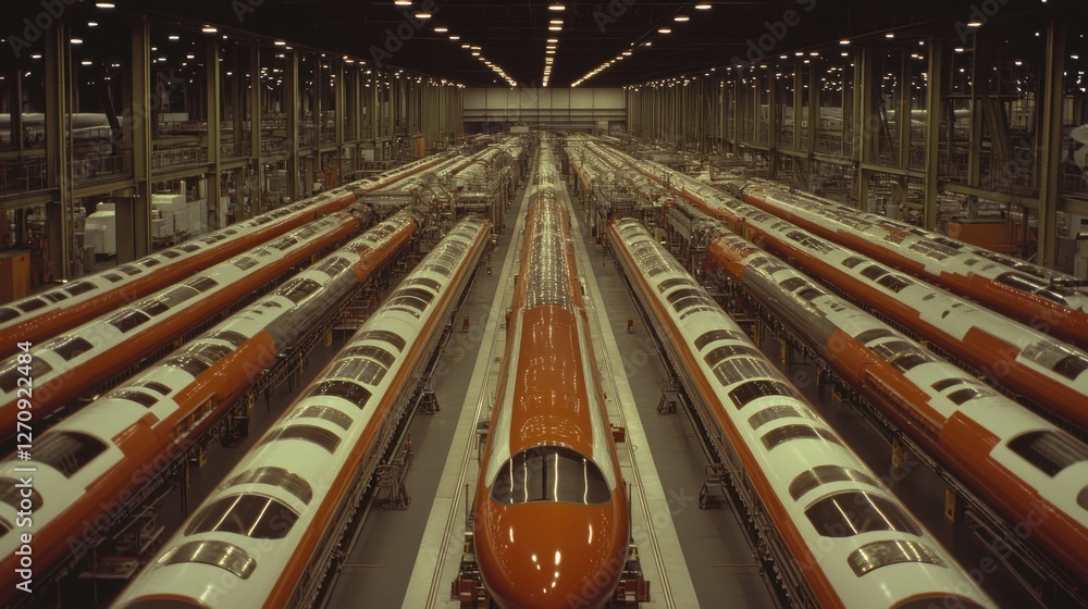 Aufkleber a well-organized turbine factory filled with rows of metallic components in various assembly stages.