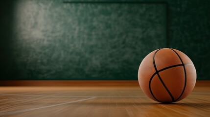 Obraz premium A basketball lies gently on the smooth, polished wooden floor of a gym, illuminated by the warm glow of soft lighting within an indoor sports facility