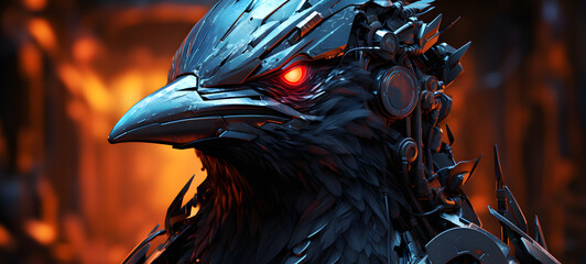 Science crow humanoid cyborg in futuristic neon, ai generative