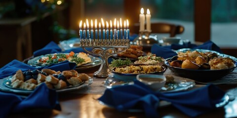 A festive Hanukkah dinner setting with a lit menorah, traditional Jewish dishes and candles in the background. The table is set for a family celebration.